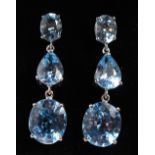 A PAIR OF SILVER, AQUAMARINE AND BLUE TOPAZ DROP EARRINGS.