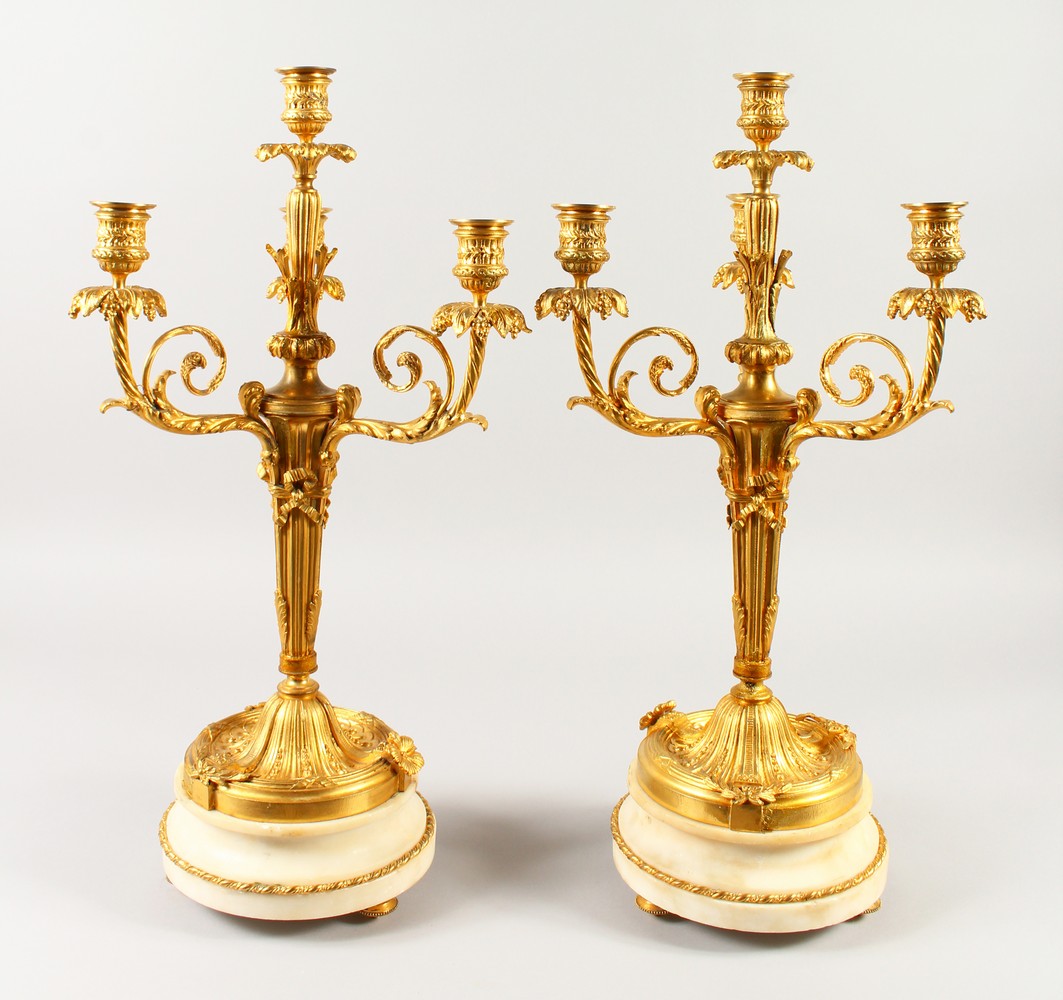 A VERY GOOD PAIR OF LOUIS XVIth WHITE MARBLE AND ORMOLU CANDELABRA with centre candle holder and