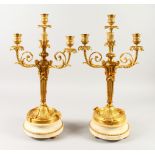 A VERY GOOD PAIR OF LOUIS XVIth WHITE MARBLE AND ORMOLU CANDELABRA with centre candle holder and