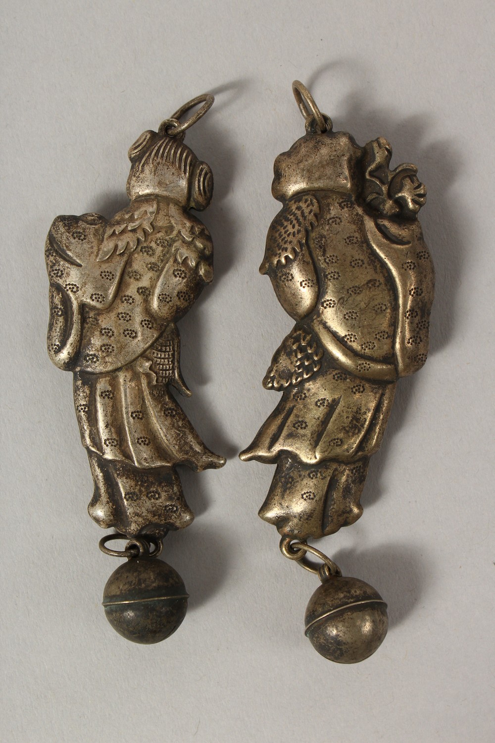 A PAIR OF CHINESE SILVER FIGURAL RATTLES. 3ins high. - Image 2 of 2