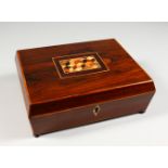 A GOOD 19TH CENTURY TUNBRIDGE WARE SEWING BOX, the top with parquetry inlay, opening to reveal