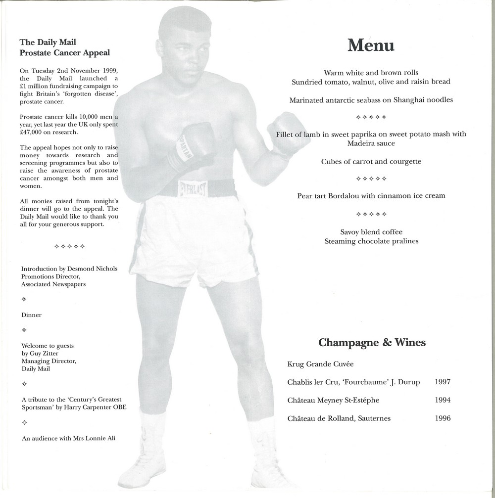MUHAMMAD ALI, a signed menu from the Daily Mail Prostate Cancer Appeal Private Dinner, 1999. - Image 2 of 2