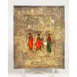 A RUSSIAN SILVER GILT ICON. Three Figures. Silver Mark E.C. over 1886 84. 7ins x 5.5ins.