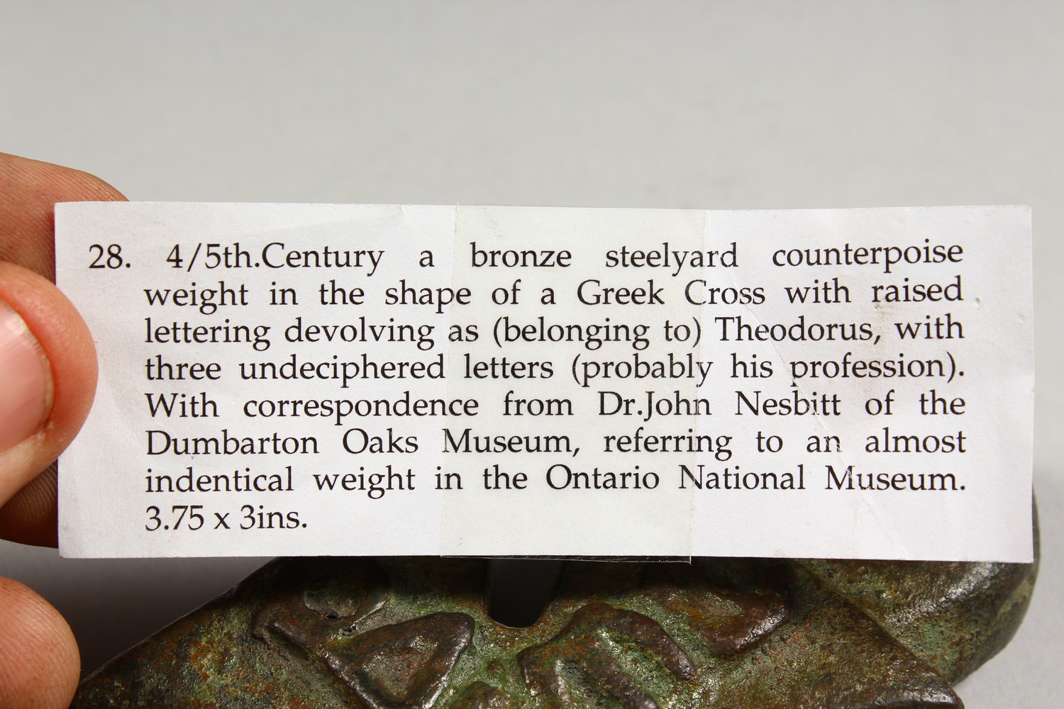 A BYZANTINE BRONZE CRUCIFORM STAMP and A BYZANTINE BRONZE WEIGHT. 4.5ins and 3.25ins. - Image 15 of 15