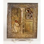 A RUSSIAN SILVER GILT ICON. Madonna & Child and Figure Praying. Silver Marks A.H. B.C. over 1869 84.