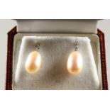A PAIR OF 9CT GOLD, PEARL AND DIAMOND DROP EARRINGS.