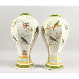 A PAIR OF HEXAGONAL BALUSTER SHAPED VASES, decorated with exotic birds. 14.5ins high.