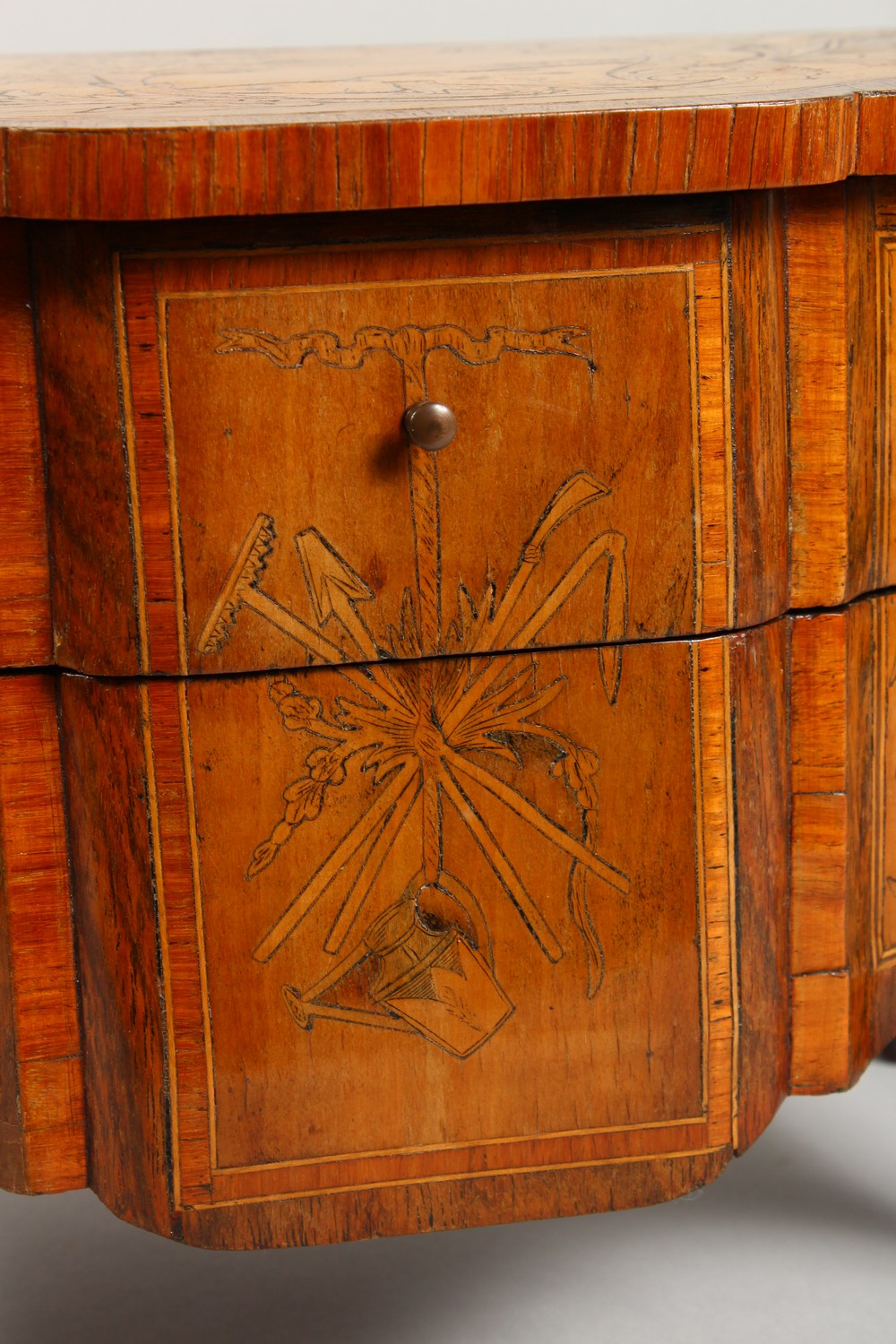 A GOOD CONTINENTAL MINIATURE TWO DRAWER MARQUETRY COMMODE, probably an apprentice piece, the top - Image 3 of 13