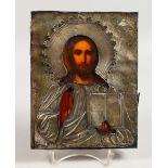 A RUSSIAN SILVER ICON. Christ. Silver AF. 8ins x 6ins.