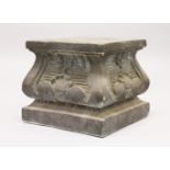 A 20TH CENTURY CAST COMPOSITE PEDESTAL BASE, with classical moulded decoration. 13.75ins x 13.