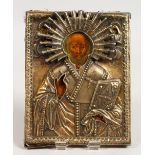 A RUSSIAN SILVER ICON. Priest. Silver Marks: B.K. A.B. and other marks. 5.5ins x 4.5ins.