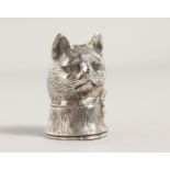 A CAST SILVER CATS HEAD VESTA.