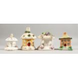 FOUR SMALL 19TH CENTURY STAFFORDSHIRE PASTILLE BURNER COTTAGES.