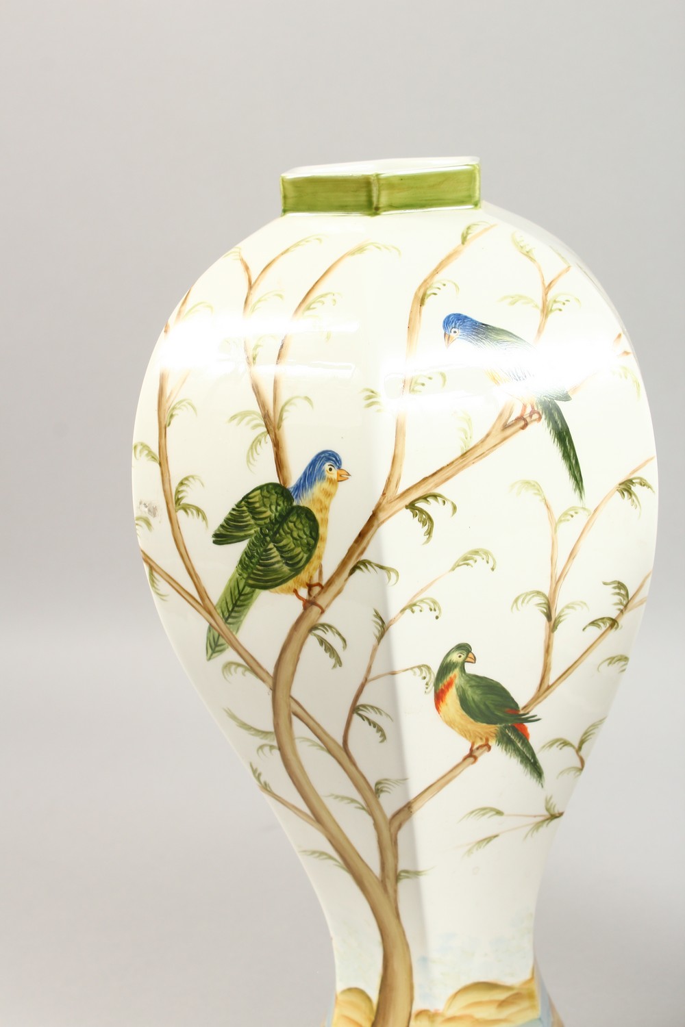 A PAIR OF HEXAGONAL BALUSTER SHAPED VASES, decorated with exotic birds. 14.5ins high. - Image 4 of 7