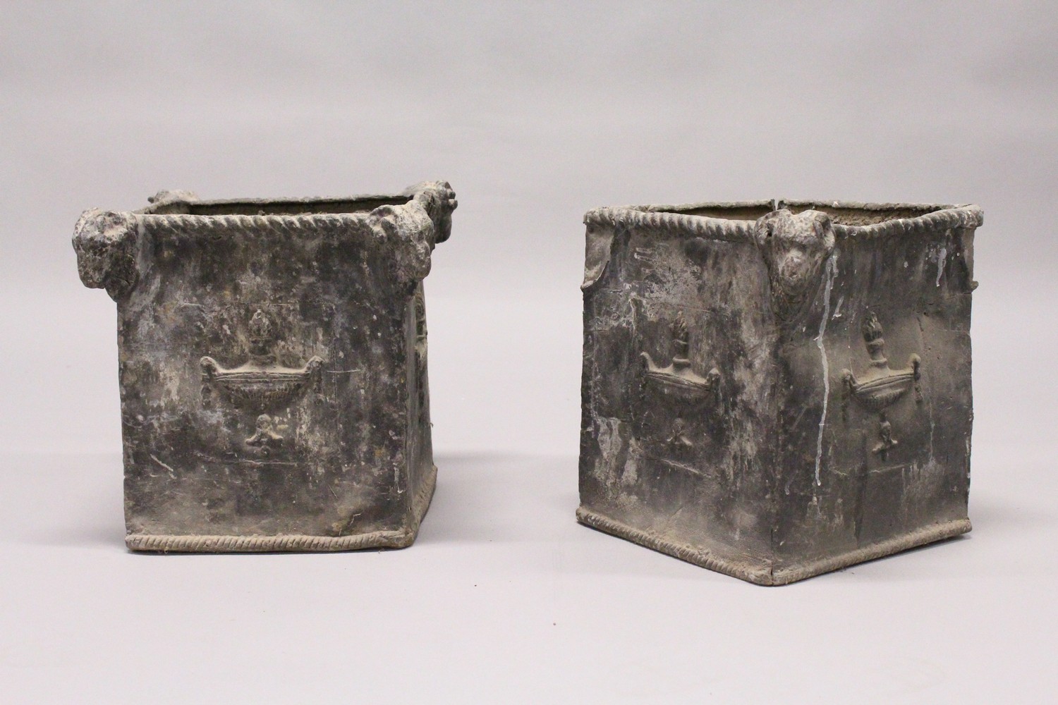 A PAIR OF 19TH/20TH CENTURY LEAD PLANTERS, of square shape, with rams head corners and classical - Image 2 of 6