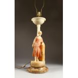 A LARGE, IMPRESSIVE ART DECO ALABASTER LAMP, modelled as a young lady standing beside a pillar, on a