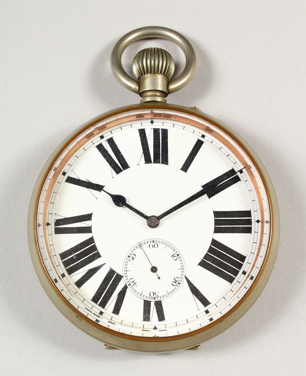 A GOLIATH POCKET WATCH, with a plated case and subsidiary seconds dial. 3.5ins diameter.