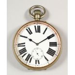 A GOLIATH POCKET WATCH, with a plated case and subsidiary seconds dial. 3.5ins diameter.