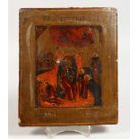 AN EARLY RUSSIAN ICON, on a wooden panel. 9.5ins x 8ins.