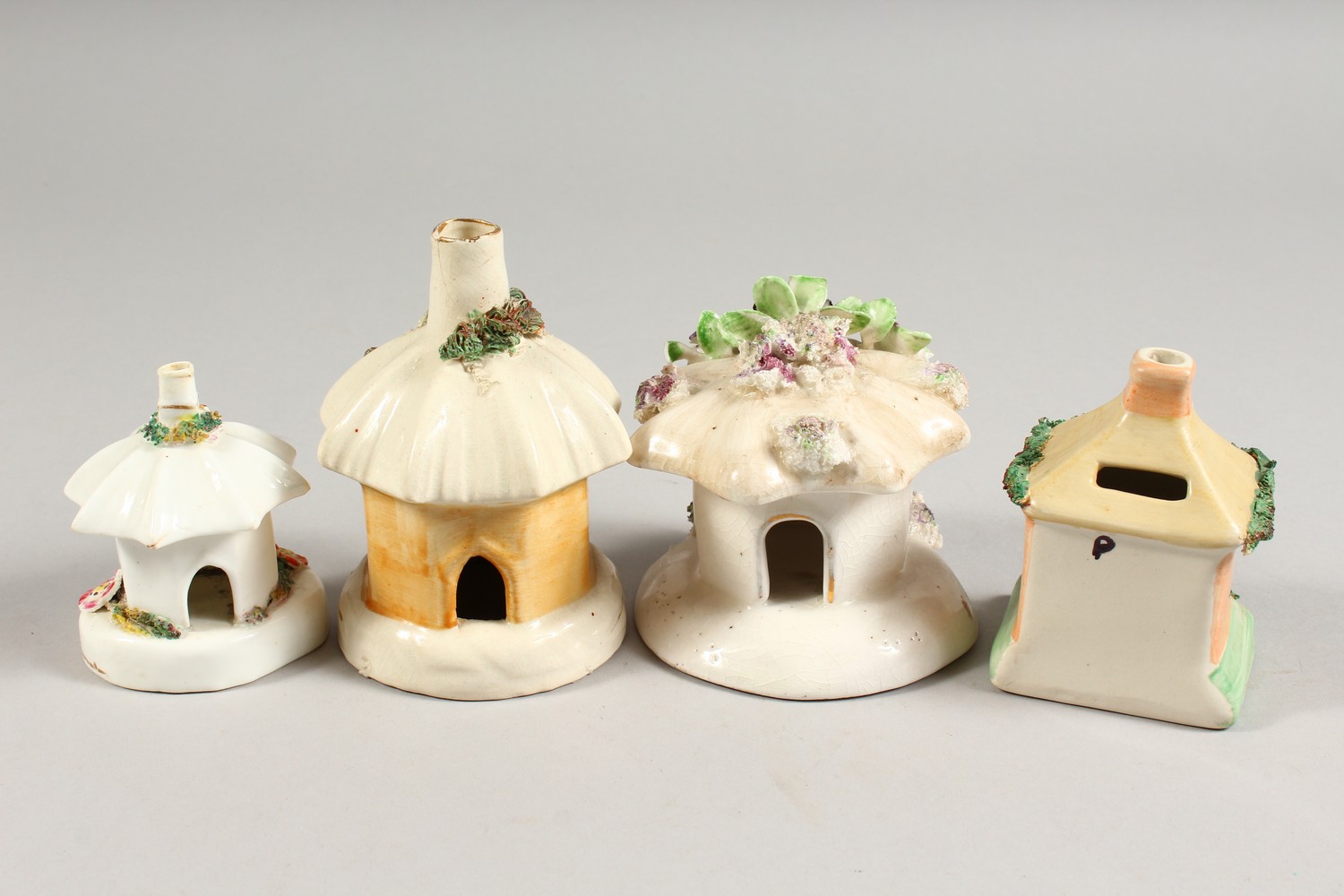 FOUR SMALL 19TH CENTURY STAFFORDSHIRE PASTILLE BURNER COTTAGES. - Image 6 of 6