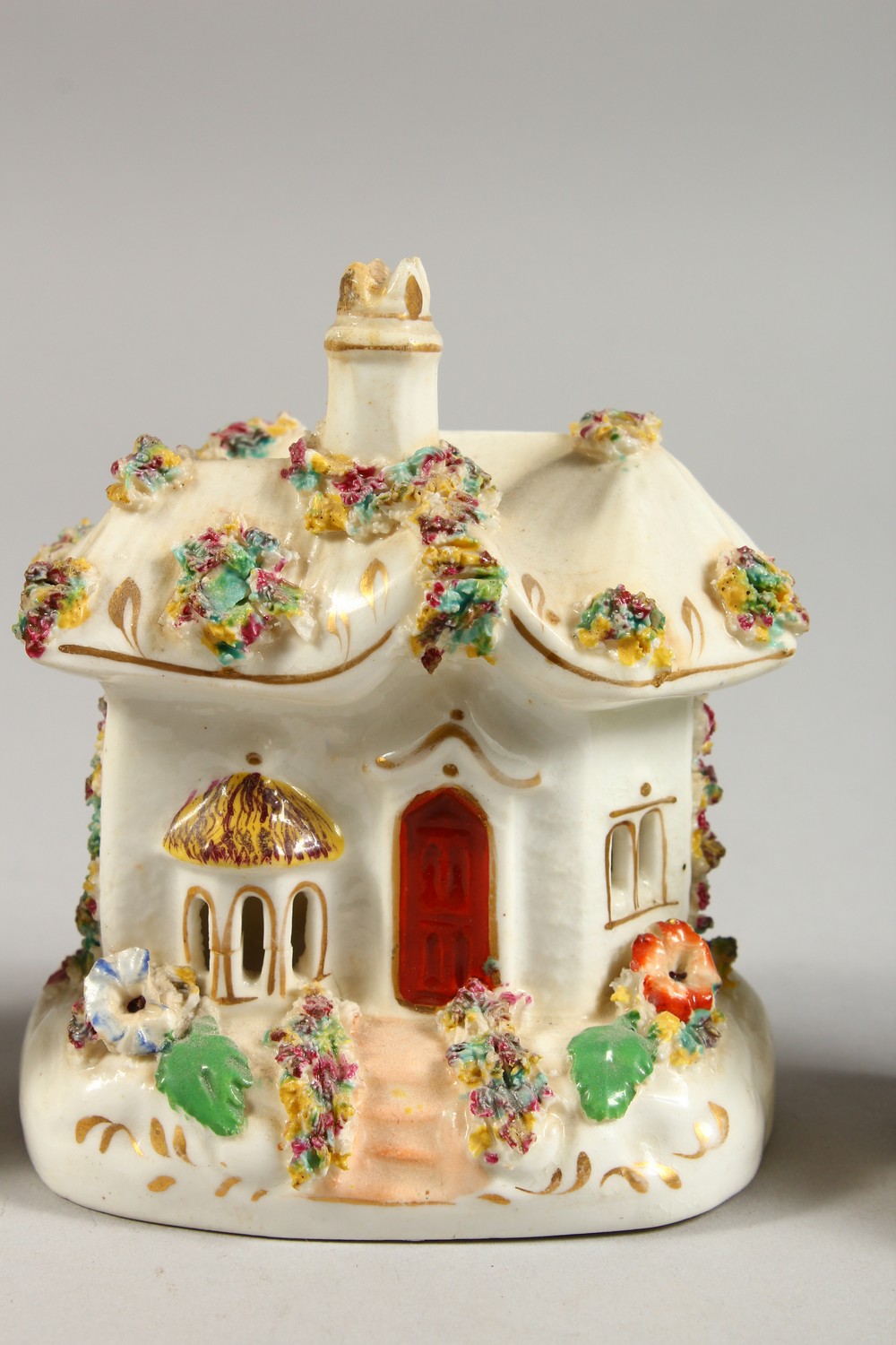 THREE SMALL 19TH CENTURY STAFFORDSHIRE PASTILLE BURNER COTTAGES. - Image 3 of 5