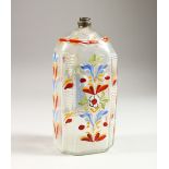 A 19TH CENTURY DUTCH GLASS FLASK, painted with a female figure, and flowers to the reverse. 7.5ins