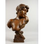 EMMANUEL VILLANIS (1858-1914) A LATE 19TH CENTURY CAST SPELTER BUST OF SAPHO (cracked). 23ins high.