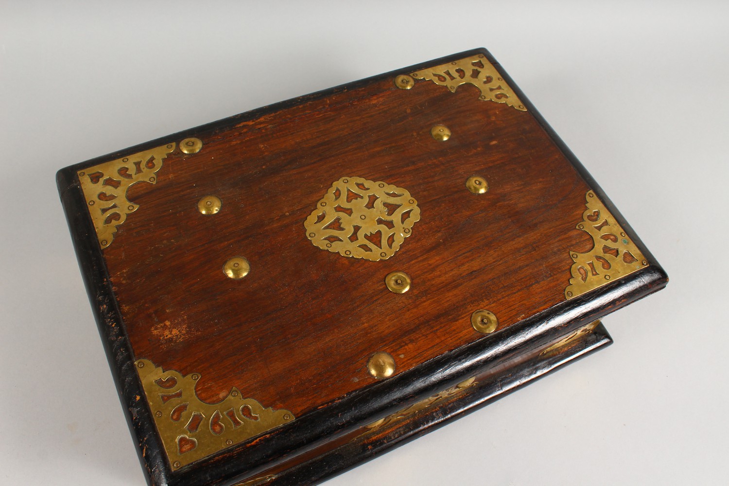 A 19TH CENTURY BRASS BOUND BOX, with brass carrying handles. 16.5ins wide. - Image 3 of 8