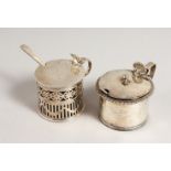 A GEORGE III PIERCED DRUM MUSTARD POT, with sapphire blue liner, London 1785, and ANOTHER, with