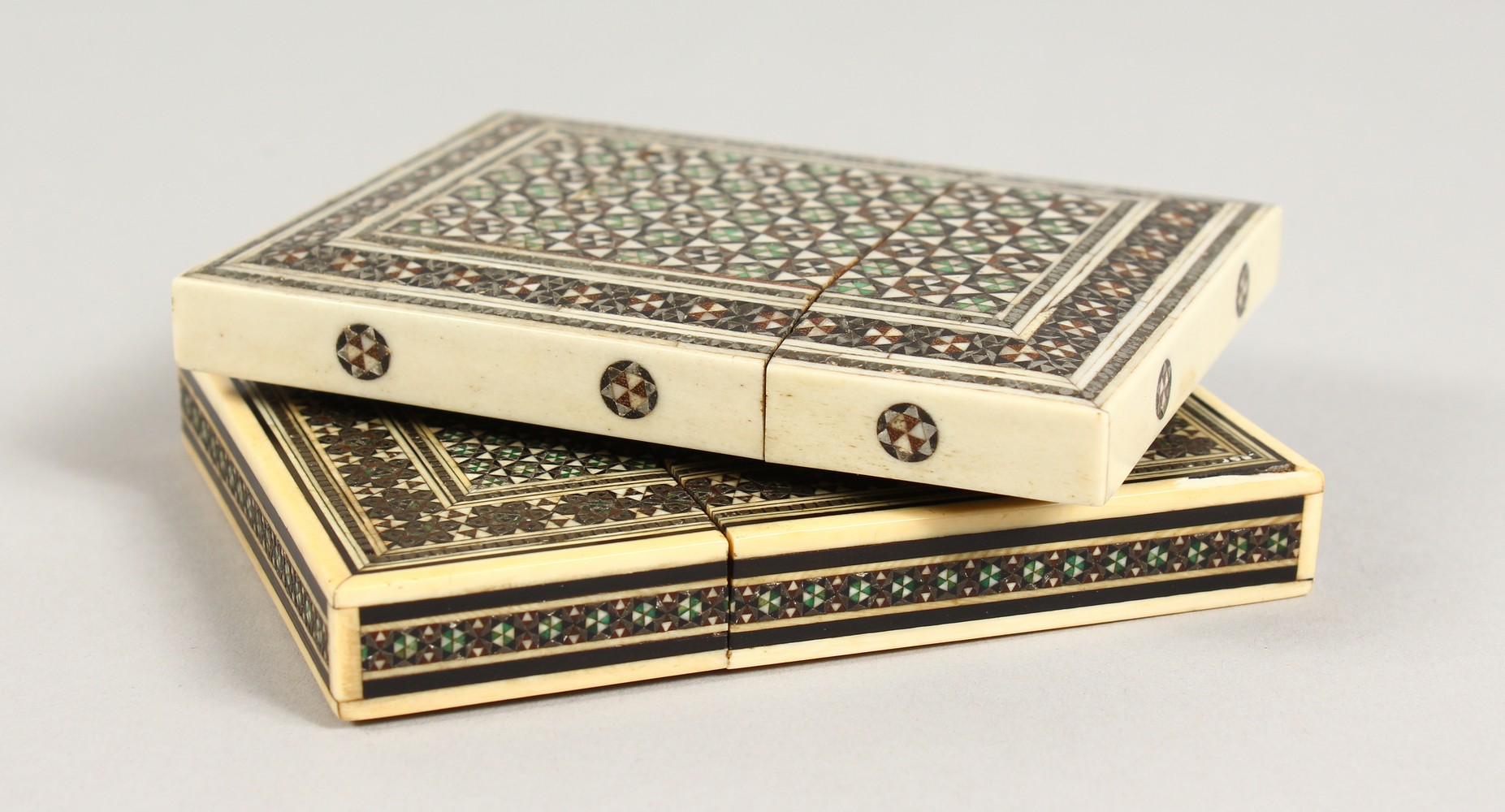 TWO 19TH CENTURY INLAID BONE CALLING CARD CASES. 4ins x 3ins.