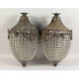 A PAIR OF PINEAPPLE SHAPE CUT GLASS HANGING LIGHT FITTINGS. 22ins high.