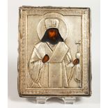 A RUSSIAN SILVER ICON. Priest. Silver Marks: CK3 84. 4.5ins x 3.5ins.