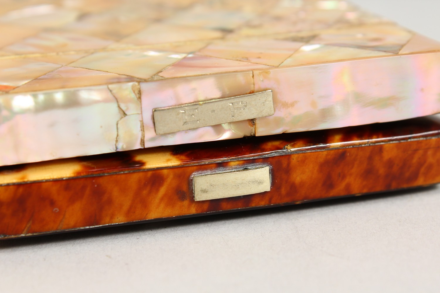 A 19TH CENTURY MOTHER-OF-PEARL CALLING CARD CASE, and a similar tortoiseshell case. 4ins x 3ins. - Image 3 of 4