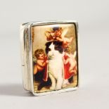 A SILVER RECTANGULAR PILL BOX, with enamel lid depicting a cat.