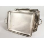 TWO SILVER PLATED RECTANGULAR TWIN-HANDLED TRAYS. 17.5ins x 14.5ins.