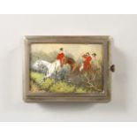 A STAMP BOX, with pull-out drawer, the lid with a hunting scene. 3ins long.