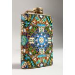 A SILVER AND CHAMPLEVE ENAMEL HIP FLASK. 4.5ins x 3ins.