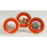A SET OF THREE PLATES, "I Sell You My Boy" and two scenes after Wouwerman. 7ins diameter.