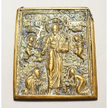 A RUSSIAN BRASS AND BLUE ENAMEL ICON. 4.25ins x 3ins.