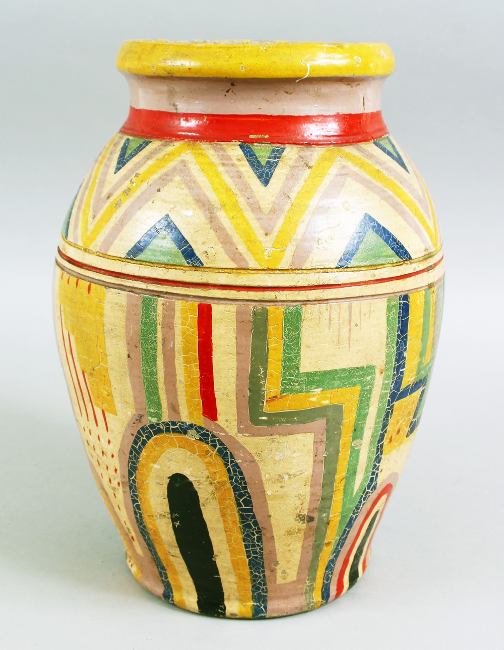 ATTRIBUTED TO THE OMEGA STUDIOS, CIRCA. 1930'S, GEOMETRIC PAINTED MONOCHROME VASE, similar designs