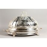 AN IMPRESSIVE LARGE VICTORIAN STYLE EMBOSSED MEAT DOME ON STAND. 26ins wide.
