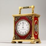 A VERY GOOD SILVER MINIATURE CARRIAGE CLOCK, with red guilloche enamel ground, diamond inset