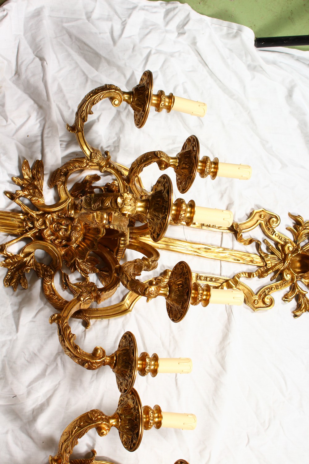 A LARGE, IMPRESSIVE PAIR OF CLASSICAL STYLE ORMOLU FIVE BRANCH WALL SCONCES. 48ins high x 23ins - Image 4 of 4