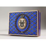 A SUPERB 14CT GOLD BOX, with blue guilloche enamel ground, the hinged cover with diamond inset