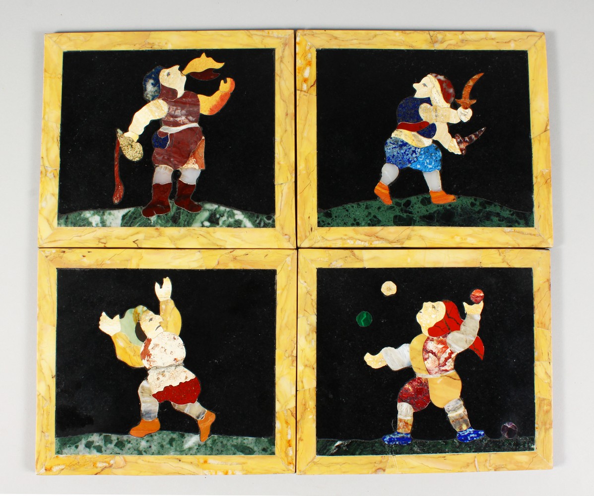 A GOOD SET OF FOUR ITALIAN MARBLE INLAID RECTANGULAR PLAQUES of a fire eater, swordsman, juggler and