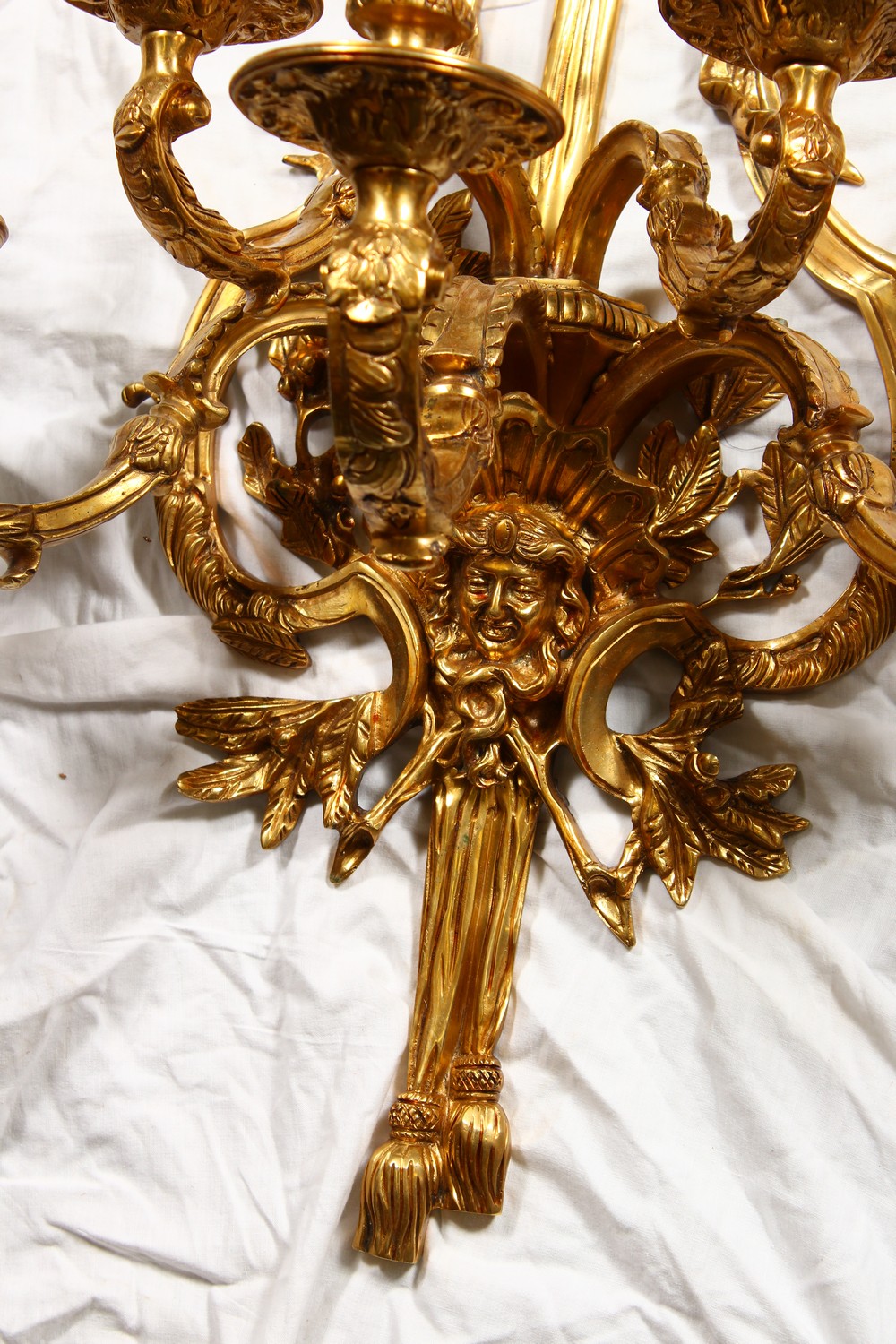 A LARGE, IMPRESSIVE PAIR OF CLASSICAL STYLE ORMOLU FIVE BRANCH WALL SCONCES. 48ins high x 23ins - Image 2 of 4