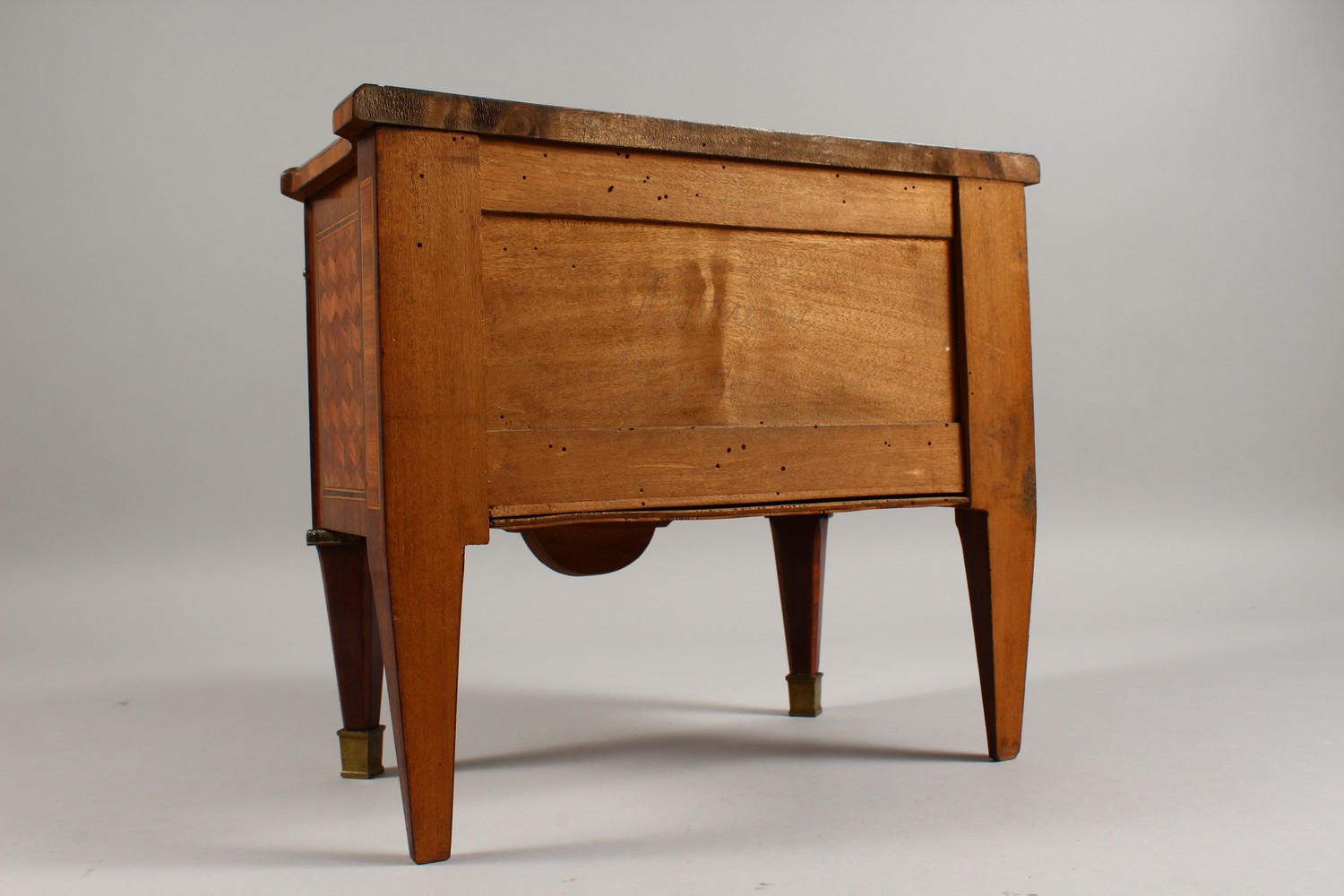 A MINIATURE FRENCH PARQUETRY AND MARQUETRY TWO DRAWER COMMODE, on tapering legs. 12ins wide. - Image 8 of 15