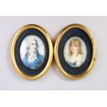A GOOD PAIR OF GILT FRAMED OVAL MINIATURES of a young man and young girl. Image: 2.75ins x 2.5ins.