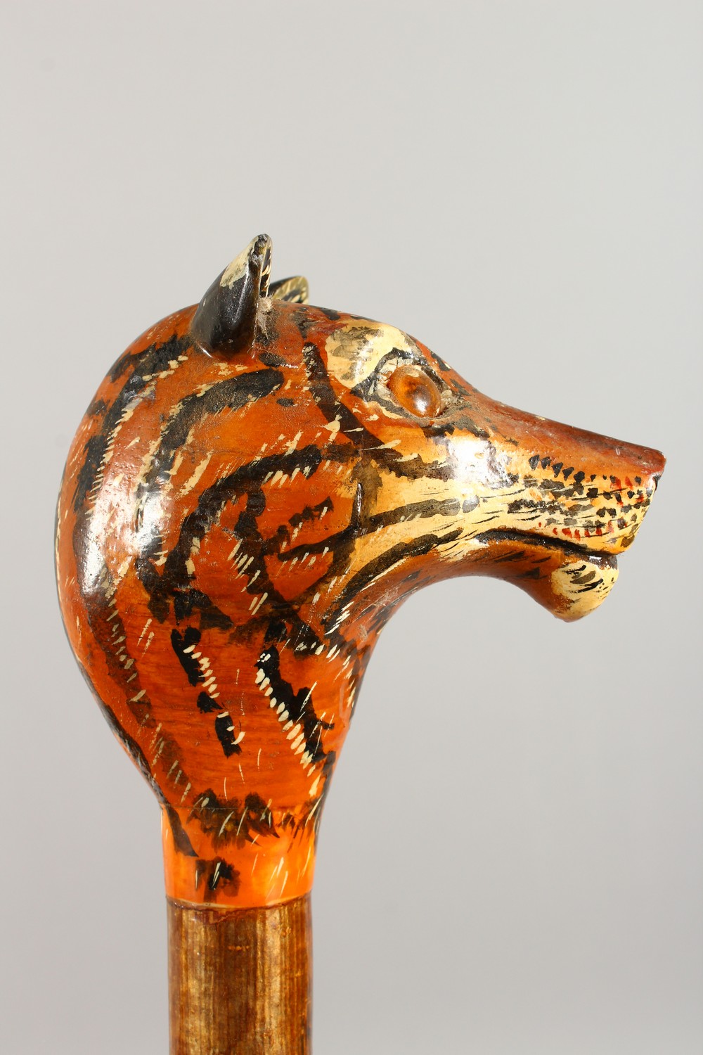 A WALKING STICK, the handle carved as a tiger. 52ins long. - Image 2 of 10