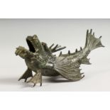 A CHINESE CAST BRONZE MODEL OF A DRAGON FISH. 13ins long.